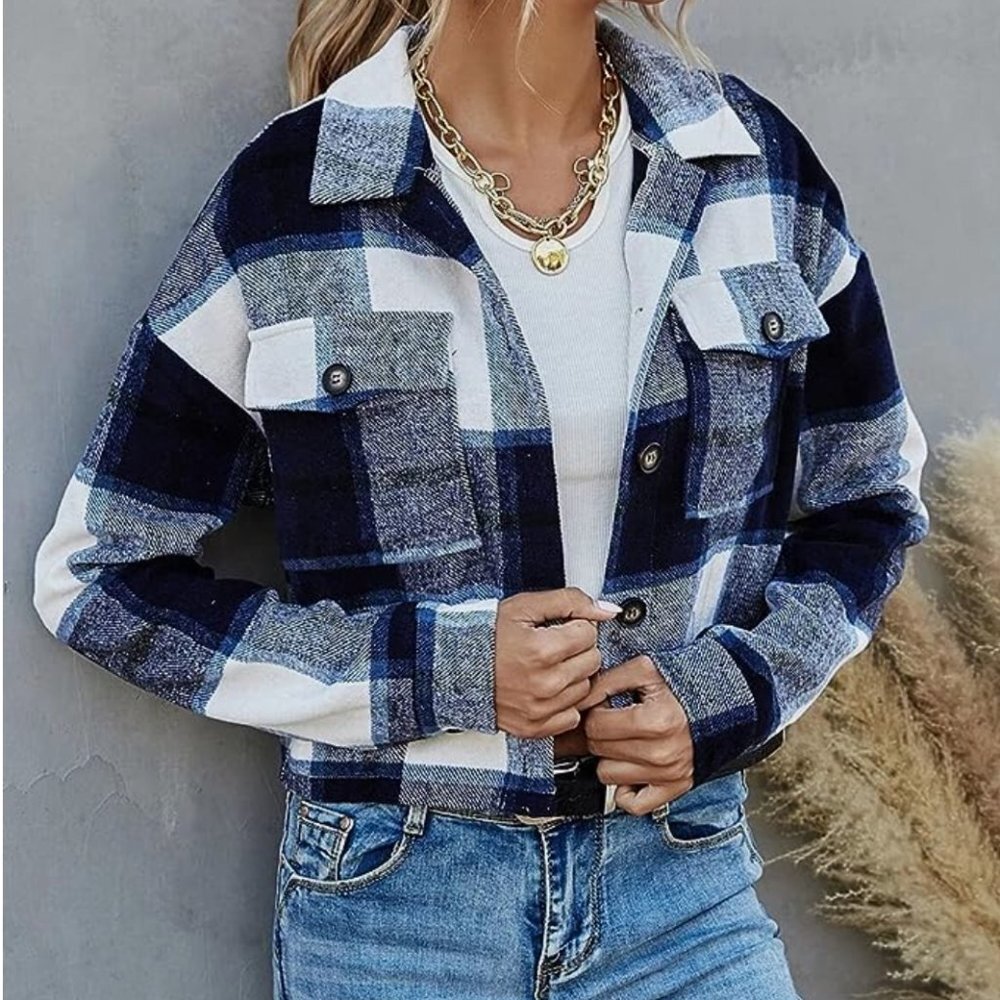 Navy Blue Plaid Print Button‎ Down Cropped Flannel Cropped Bomber Jacket Shacket